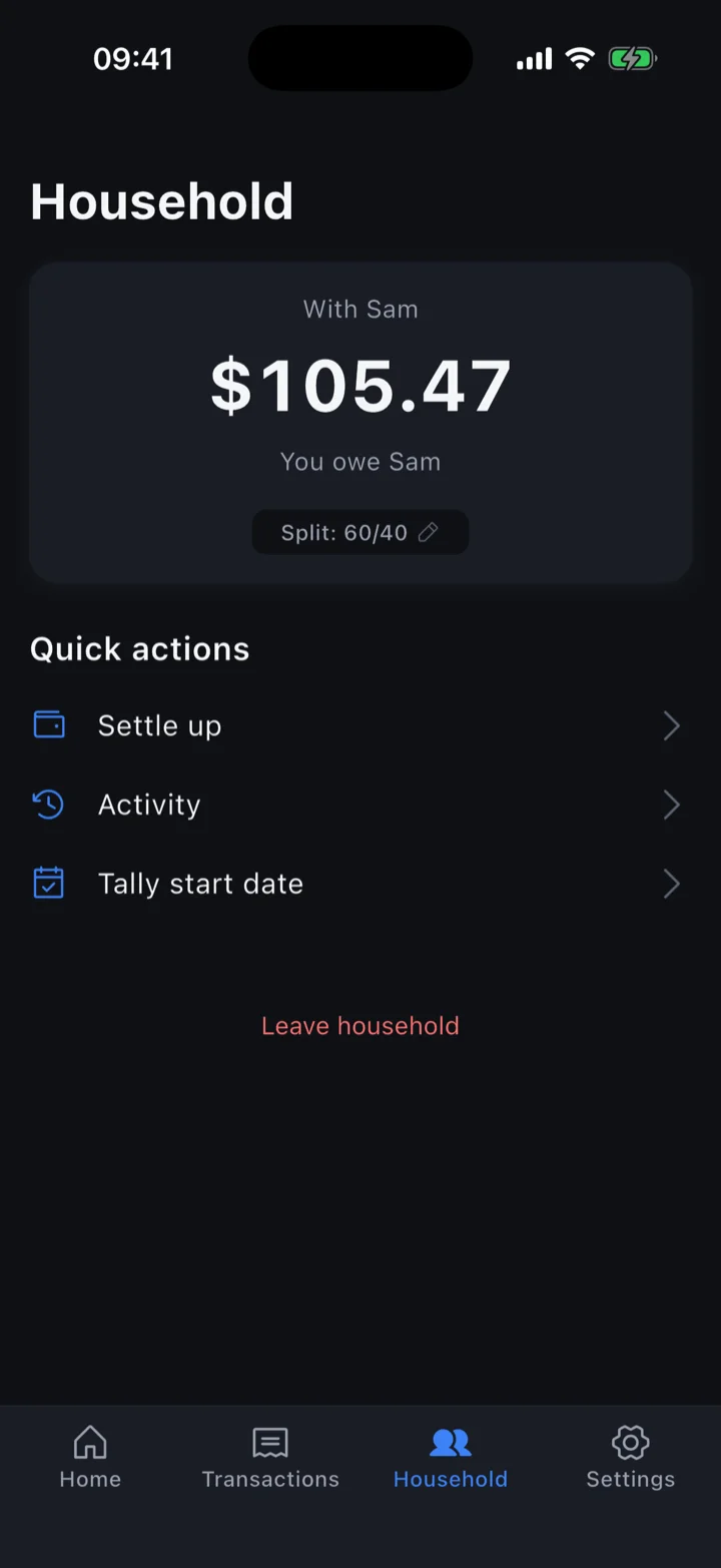 SyncSplit household dashboard with split and settle-up