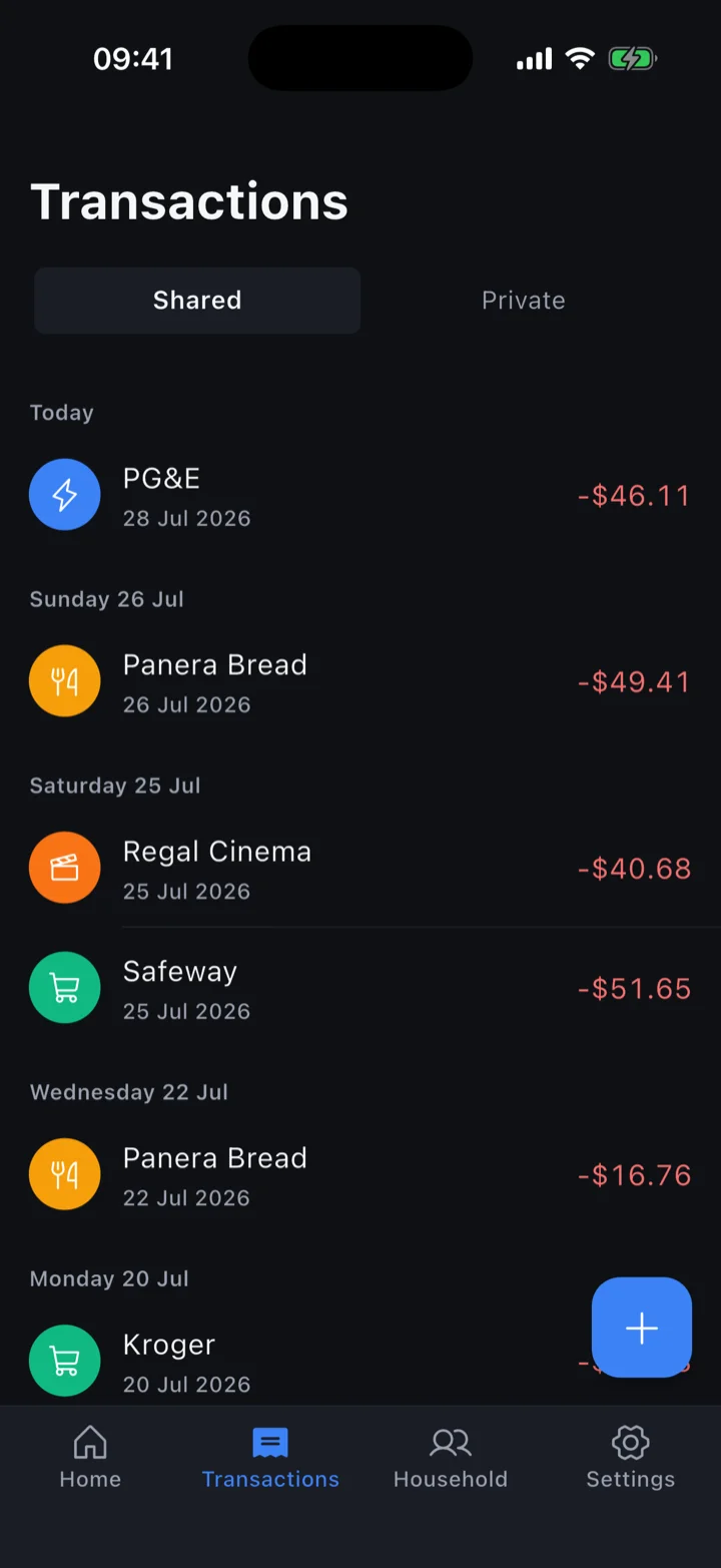 SyncSplit transactions list grouped by date